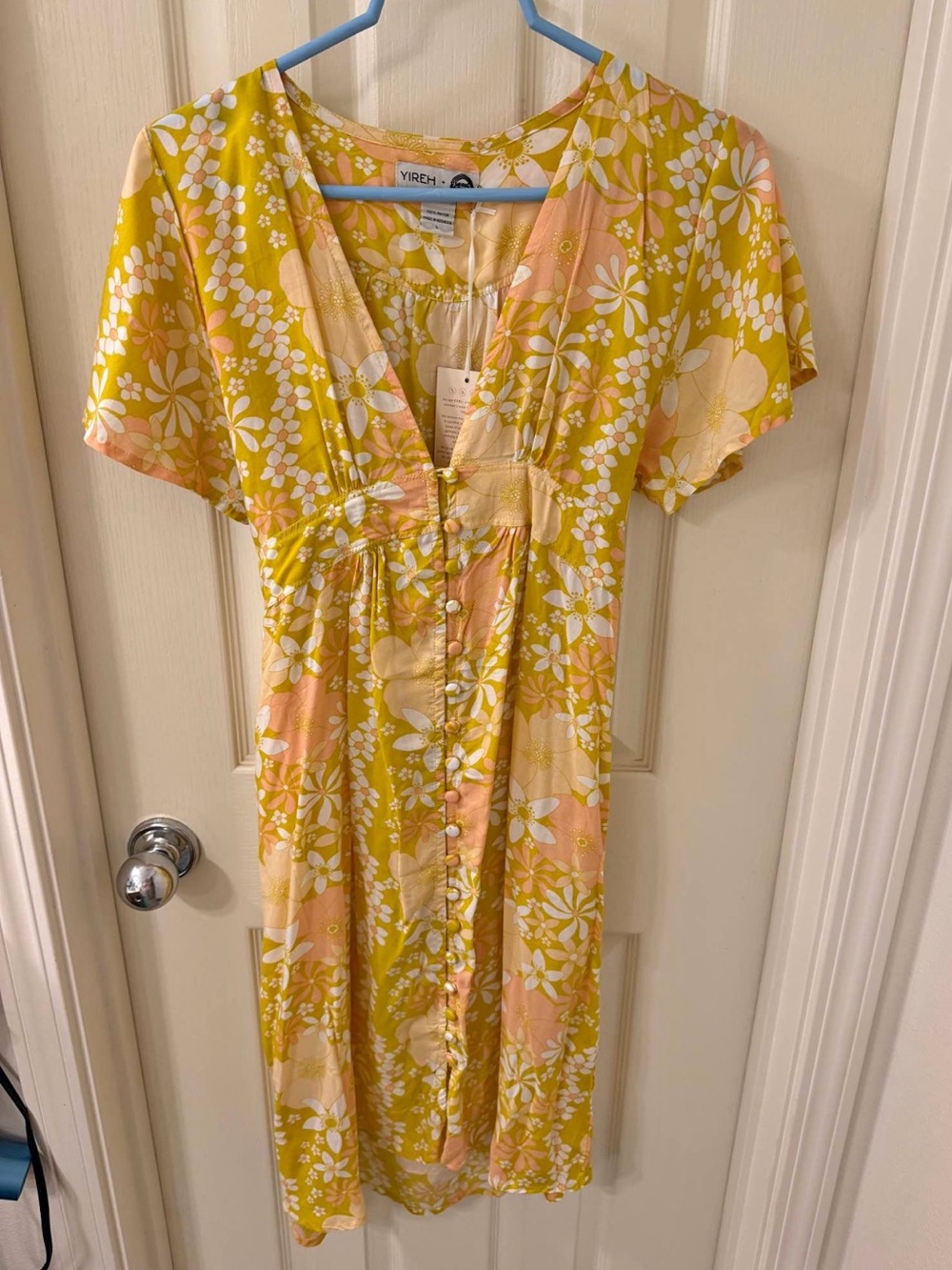 Yellow & Peach Floral Midi Button Dress